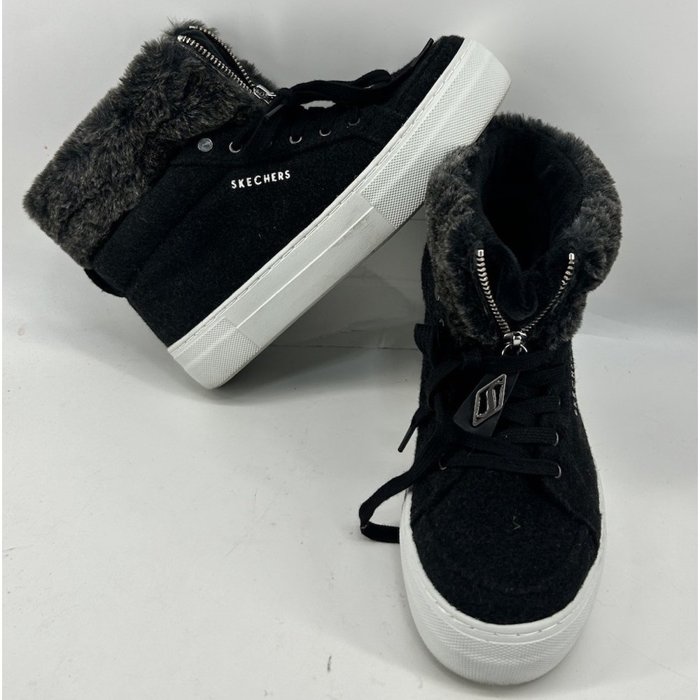 Skechers Black Faux Fur Platform Ankle Boots with White Soles